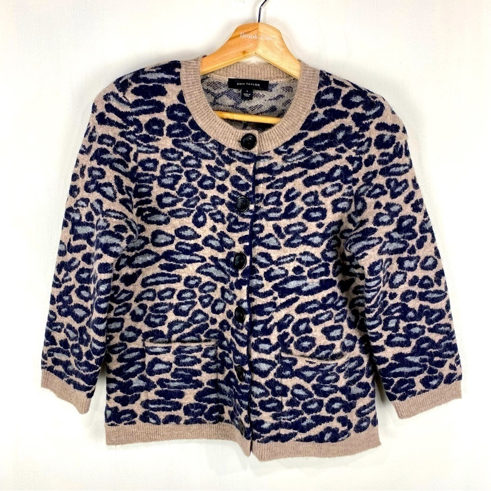 Ann Taylor‎ Merino Wool Alpaca Leopard Print Blend Button Down Sweater Cardigan